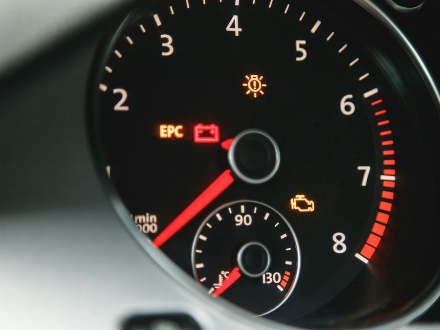 Car instrument cluster with the check engine, battery and EPC warning lights lit. Stock photo.