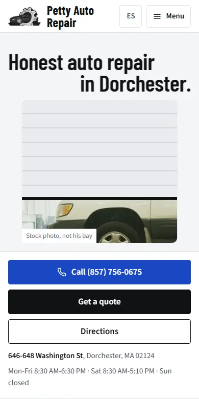 Direction A on a phone: headline, roll-up door over the hero photo, call buttons