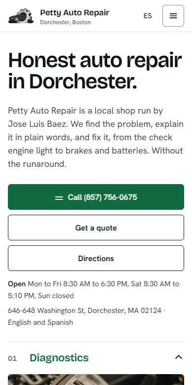 Direction C on a phone: headline, green call button, four service bays as an accordion